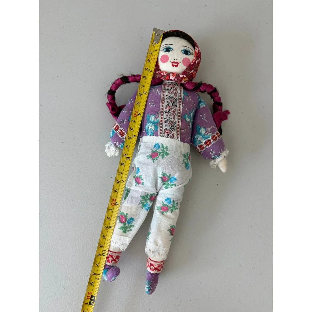 Vintage 70s Russian Babushka Cloth Doll Braided Yarn Hair Folk Art Rag Toy